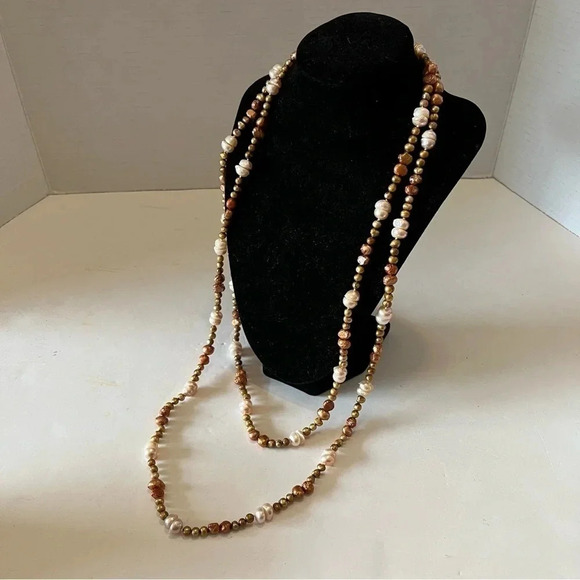 Vtg Extra Long Freshwater Pearl & Coral Necklace - Picture 1 of 5